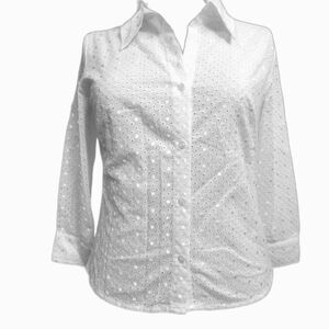New York & Co. White Eyelet Button Down Shirt Size M